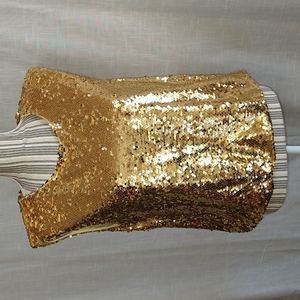 Gold Sequined Sleeveless Top Blouse Padded Shoulders Pullover Size Medium